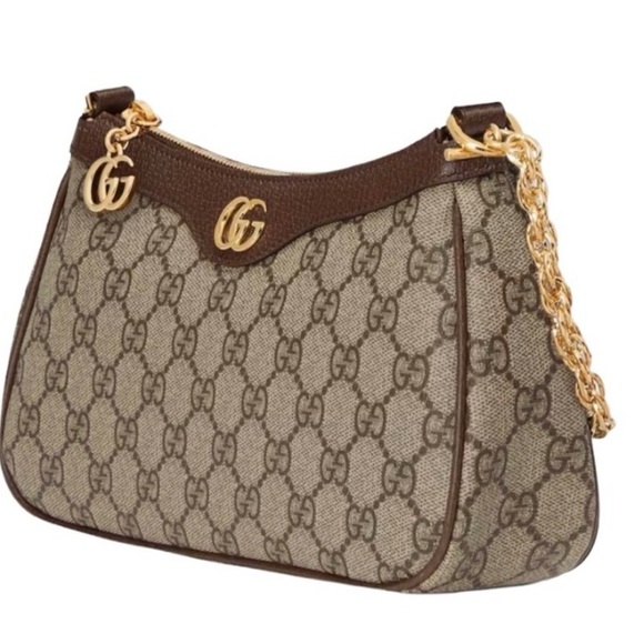 Gucci Beige and Brown Shoulder Bag with Gold and Green-Red Strap - Picture 9 of 12